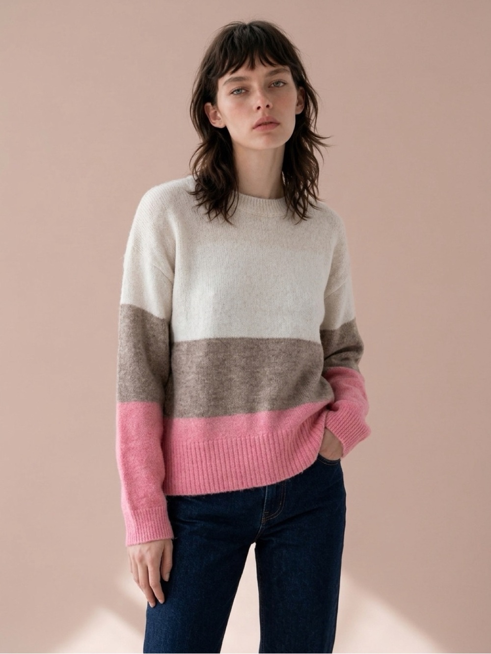 H&M Colorblock Crewneck Sweater in Cream, Brown & Pink